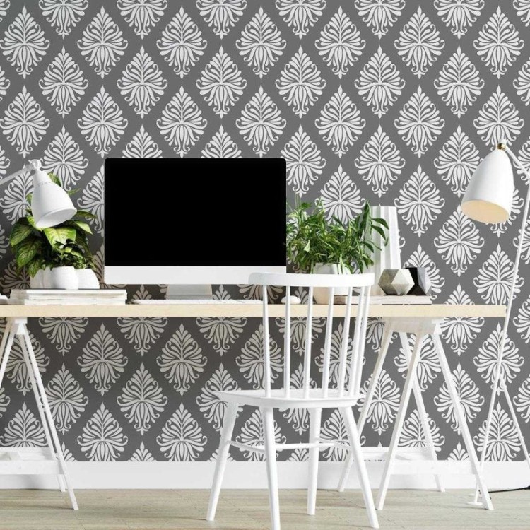 Papéis de Parede 7 Papel de Parede Adesivo Arabesco Cinza Folhas N04156