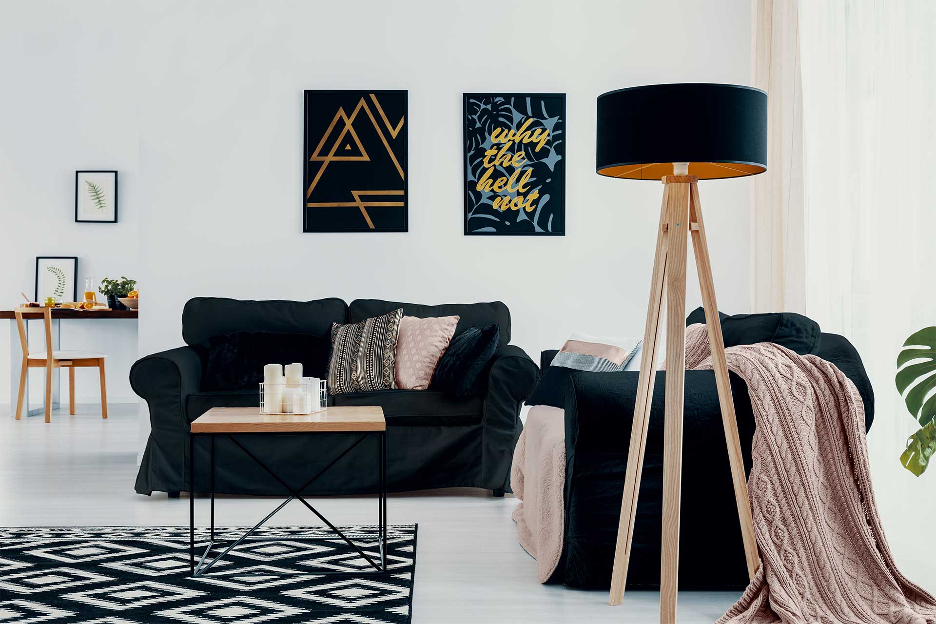 Sobre 3 lamp next to dark couch with pink blanket in white H4KZ8LS
